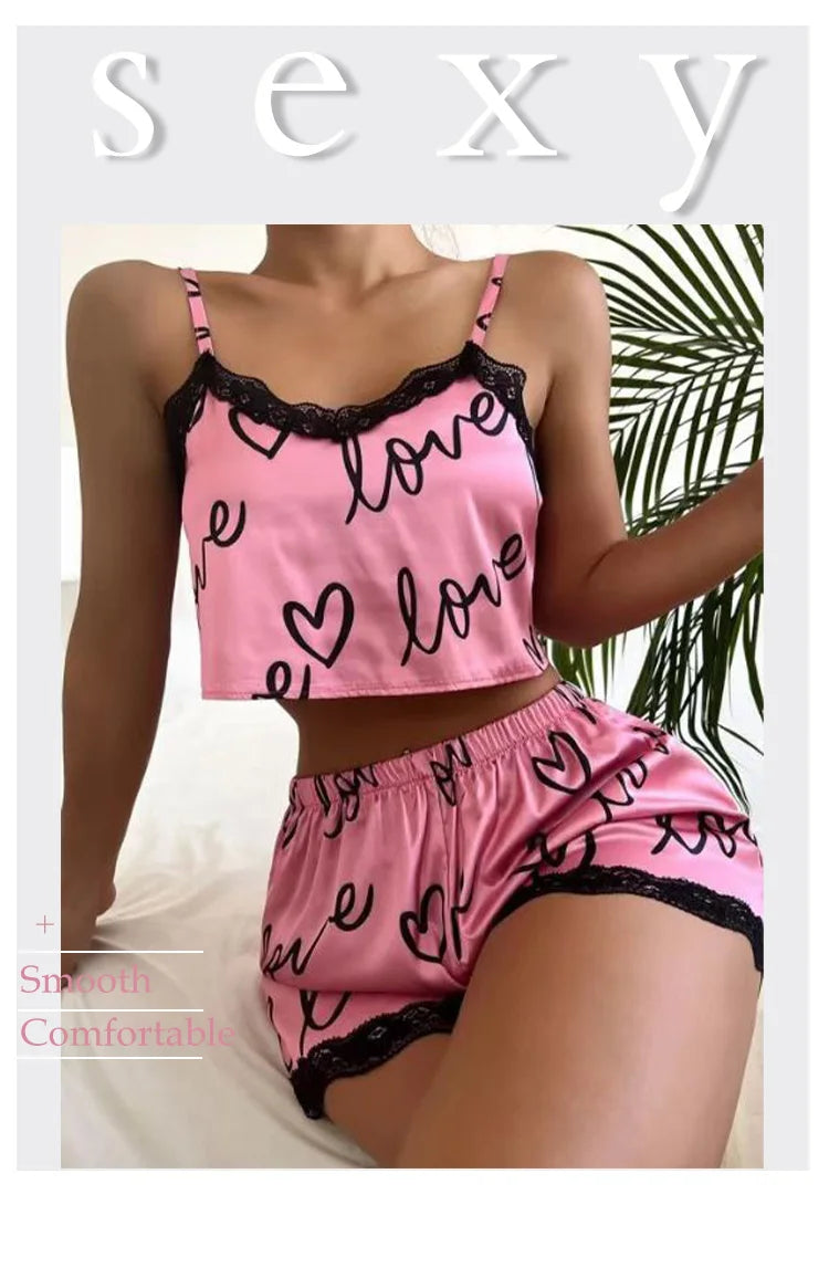 Damen Pyjama Set 2025 - 2-teiliges Schlafanzug Set mit Print & Shorts