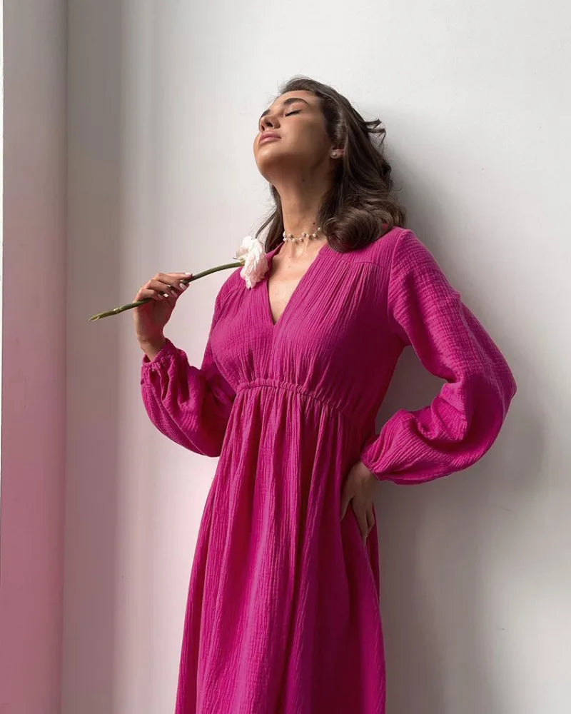 Rochii elegante pentru femei, 100% bumbac, muselină, mânecă lungă, decolteu în V, casual, petrecere, vacanță, plajă, alb, negru, halate, vestidos de mujer