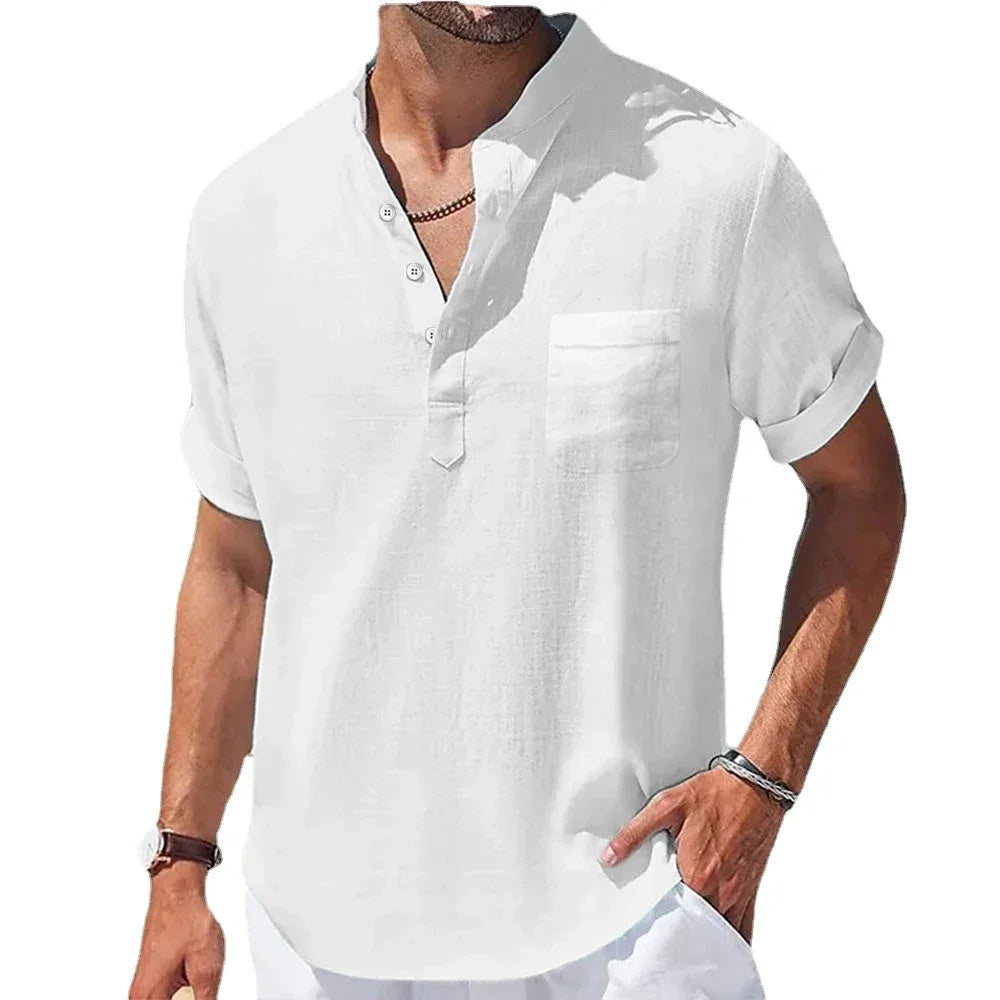 New Men's Casual Stand Up Collar Summer Solid Color Short Sleeve Linen Shirt Trendy Breathable Loose Youth Basic Pocket Top - Golden Bridge Store