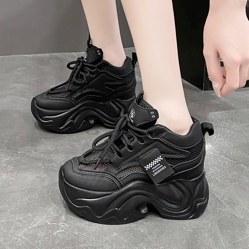Women High Platform Sneakers New Summer 9.5CM Wedge Heels Thick Sole Leather Shoes Autumn Breathable Mesh Chunky Sneakers Woman