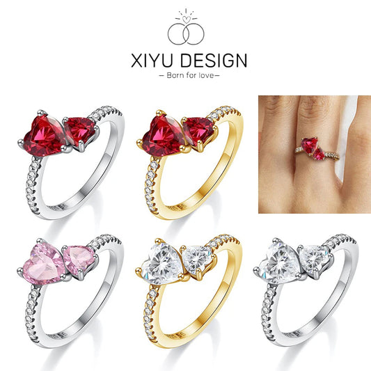 New 925 Silver Shining Red Double Love Ring Zircon Original S925 Finger wedding Ring DIY Women Fine Jewelry Gift