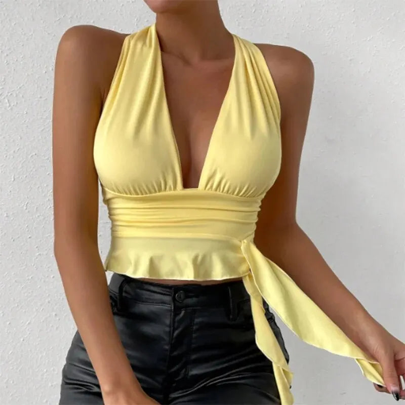 Women's elegant Tight Fitting Deep V-neck Pleated Top Tight Fitting 2024 Spring Beach Resort Nightclub New Model Women's elegant Tigh