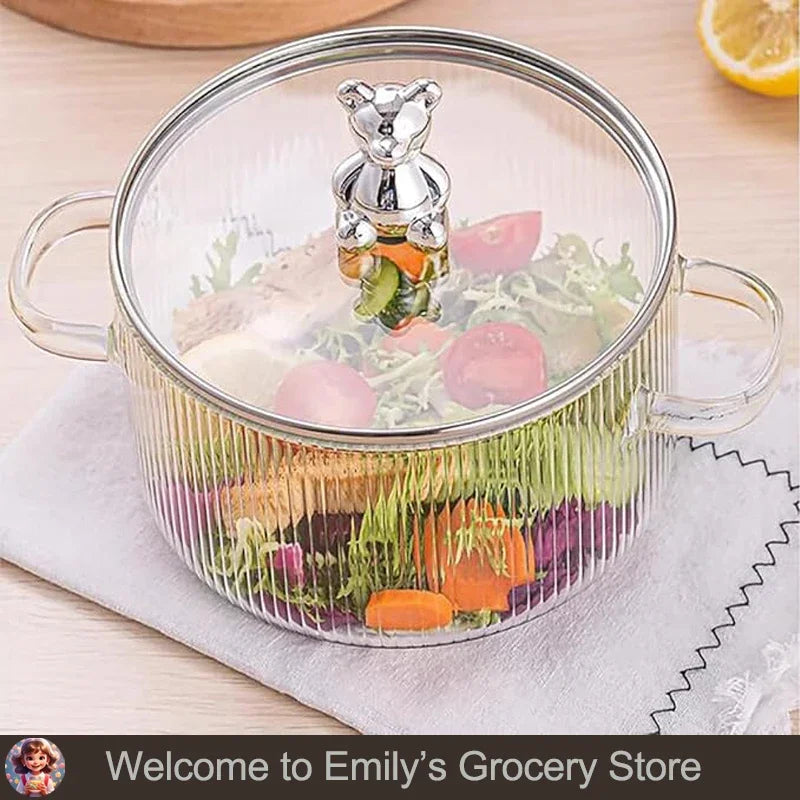HighBorosilicateGlass Thickened PotHouseholdConvenient Bear Soup Pot with Lid Double Ear Soup Glass Pot Instant Noodles Milk Pot