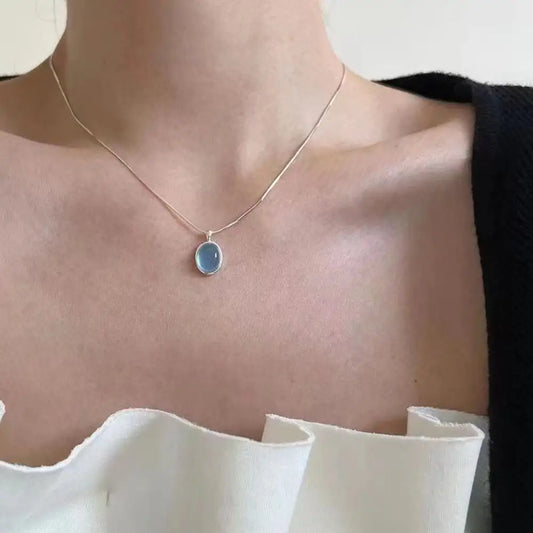 Silver Color Oval Aquamarine Pendant Necklace Ladies Girls Luxury Snake Chain Necklace Fashion Jewelry Gifts For Women New 2024