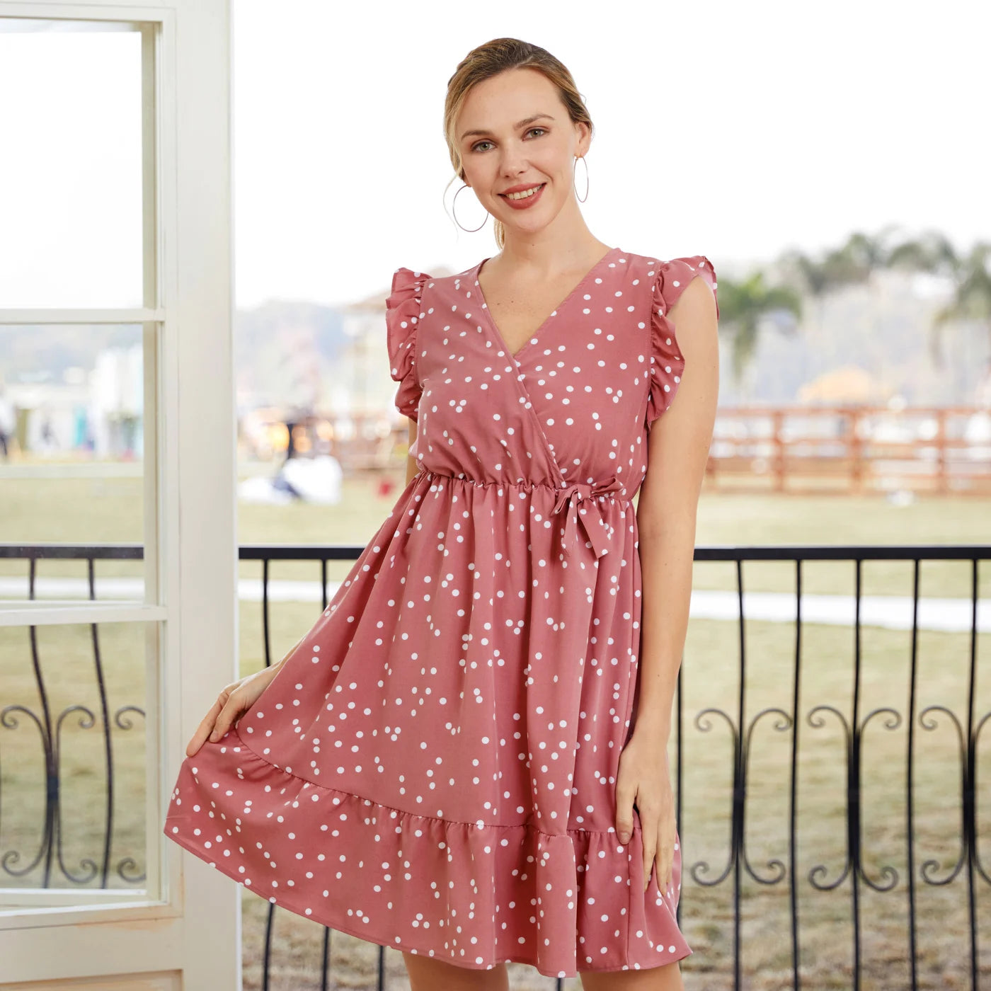 PatPat Family Matching Outfits Mother Daughter Clothes All Over Dots Pink Cross Wrap V Neck Ruffle Flutter-sleeve Dresses