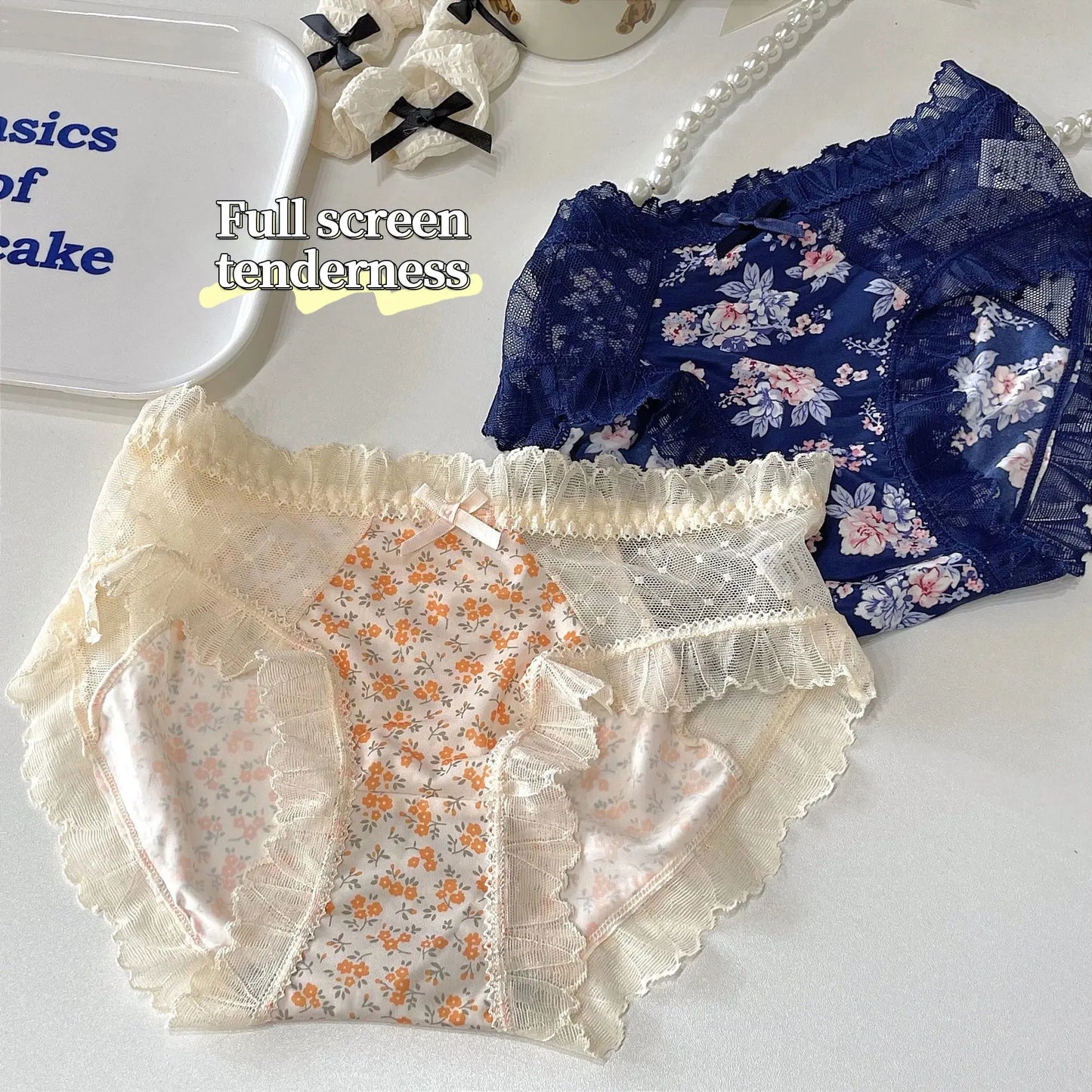 Floral Lace Women's Panties Middle Waist Plus Size Fashion Ice Silk Briefs Quick-drying Cotton Crotch Underpants Female Lingerie