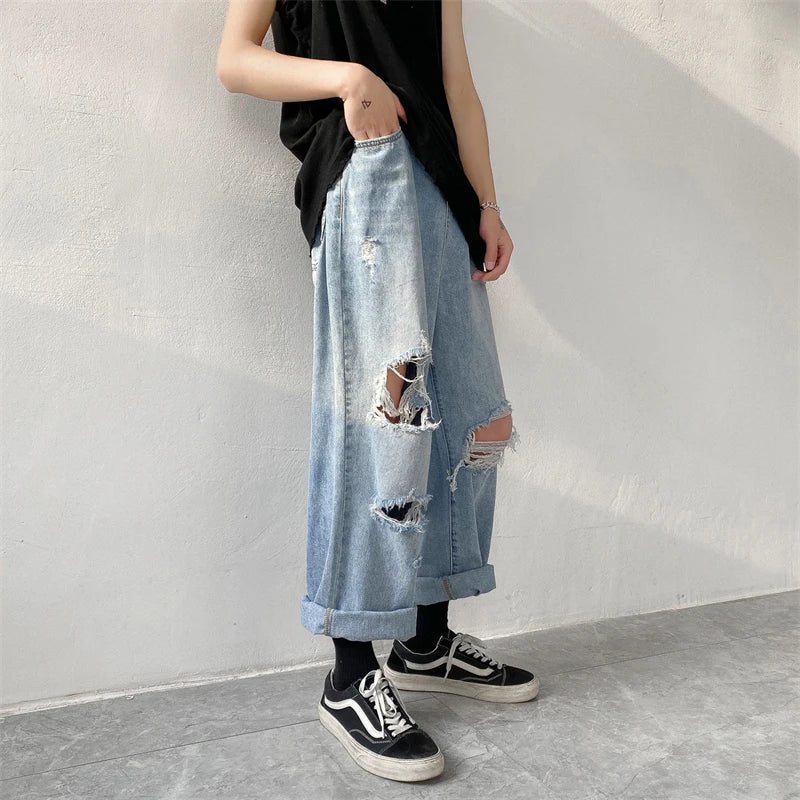 Herren Ripped Jeans 2025 - Summer Blue Loose Fit Hole Wide-leg Streetwear Denim