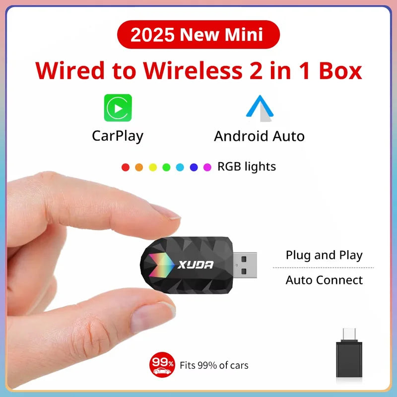 XUDA 2 în 1 Wireless CarPlay AI Mini Box 2025 - Android Auto Box Plug Play - Conexiune automată compatibilă cu 99% dintre radiourile auto pentru mașini