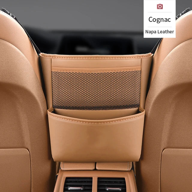 Torba do przechowywania na środkowym siedzeniu samochodu, skórzany organizer na podłokietnik samochodowy, wielofunkcyjny uchwyt na torebkę, kieszeń siatkowa, przechowywanie chusteczek