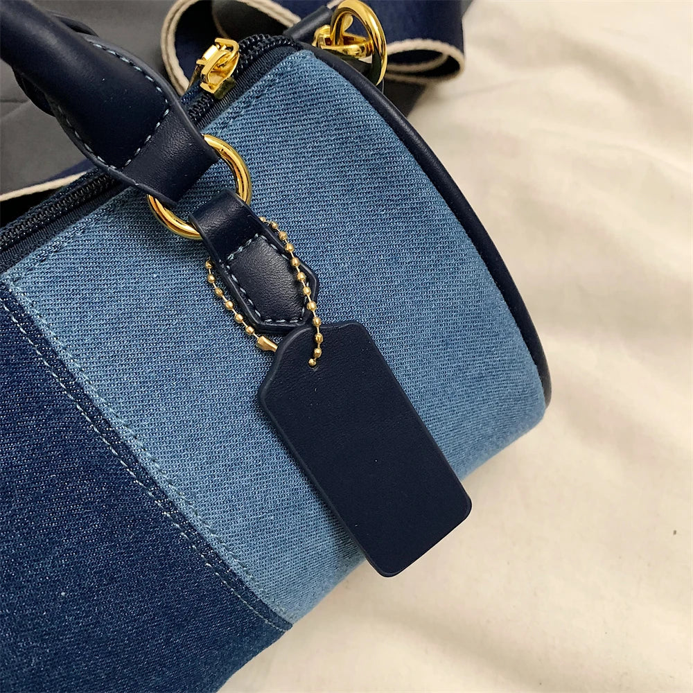 Patchwork Colorblock Mini Handbags For Women Denim Shoulder Cross Body Bags Casual Street Small Boston Bag 2024 Designer Purses