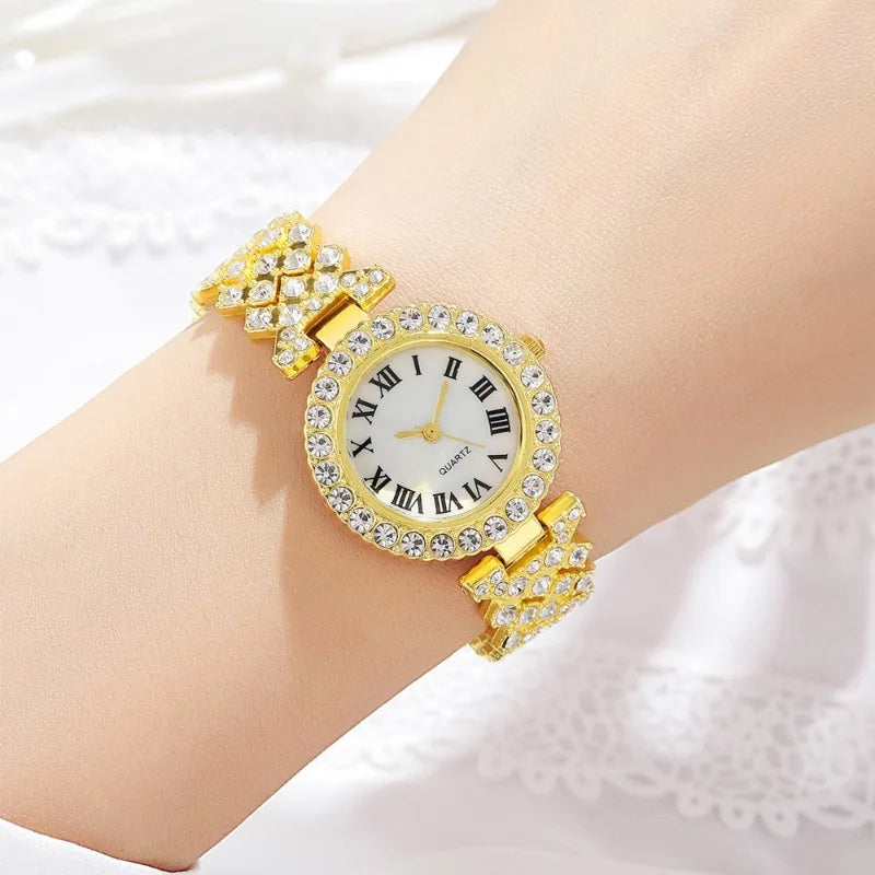 Mode Luxus Vollkristall 5-teiliges Set - Uhr Halskette Ohrringe Ring Set für Damen - Strass Armbanduhr Damen Armband Set Geschenk