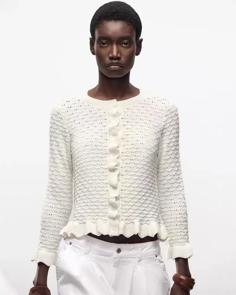 GACVGA Rüschen Strickjacke Chic - Slim Fit, 3/4-Ärmel, M