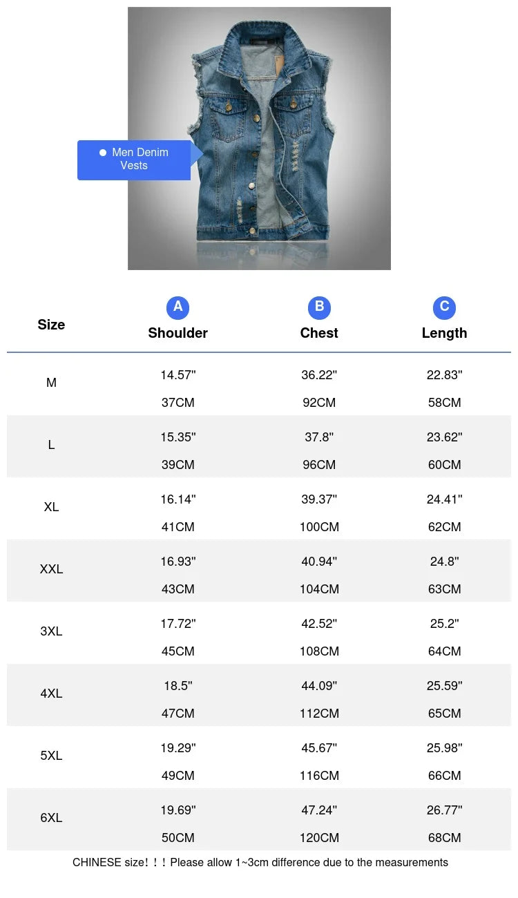 Men's Denim Vest Sleeveless Jackets Cotton Retro Streetwear Ripped Blue Jean Vests Fashion Hip Hop Waistcoat Men Clothing