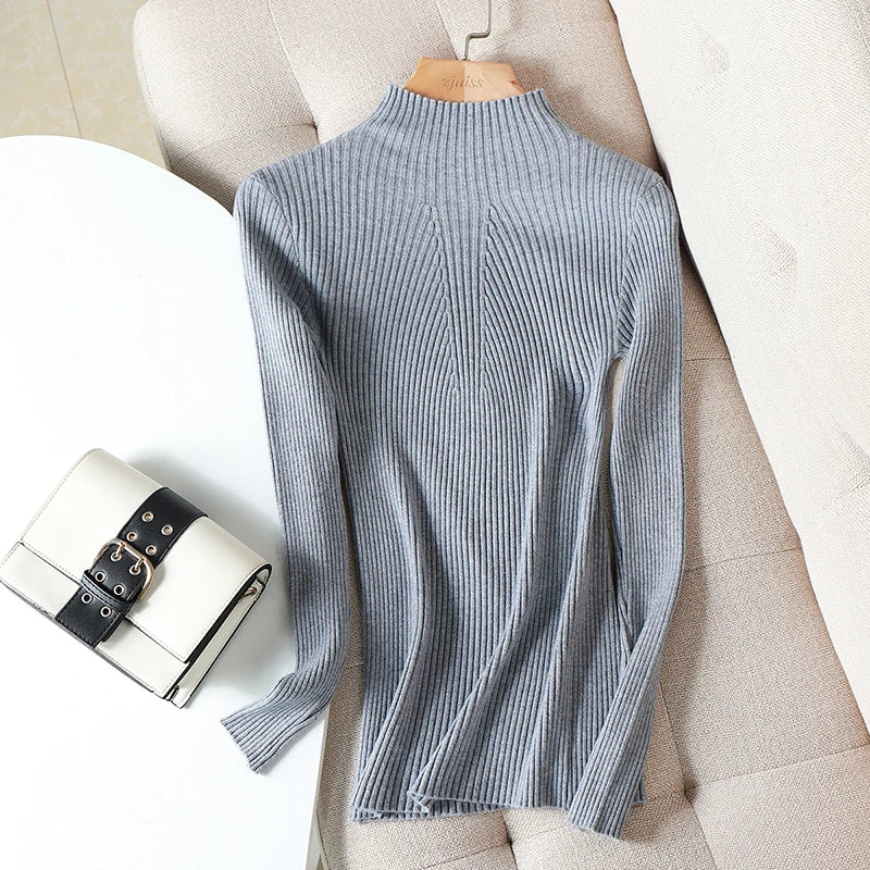 Pulover Livia cu guler înalt slim, cu nervuri - S-XL, mânecă lungă