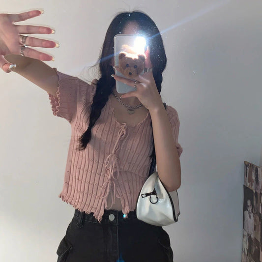 Knitted TShirt For Women V-neck Summer Simple Versatile Casual Crop Tops Bandage Ribbed Short Sleeve Women's Top T-Shirt Girl