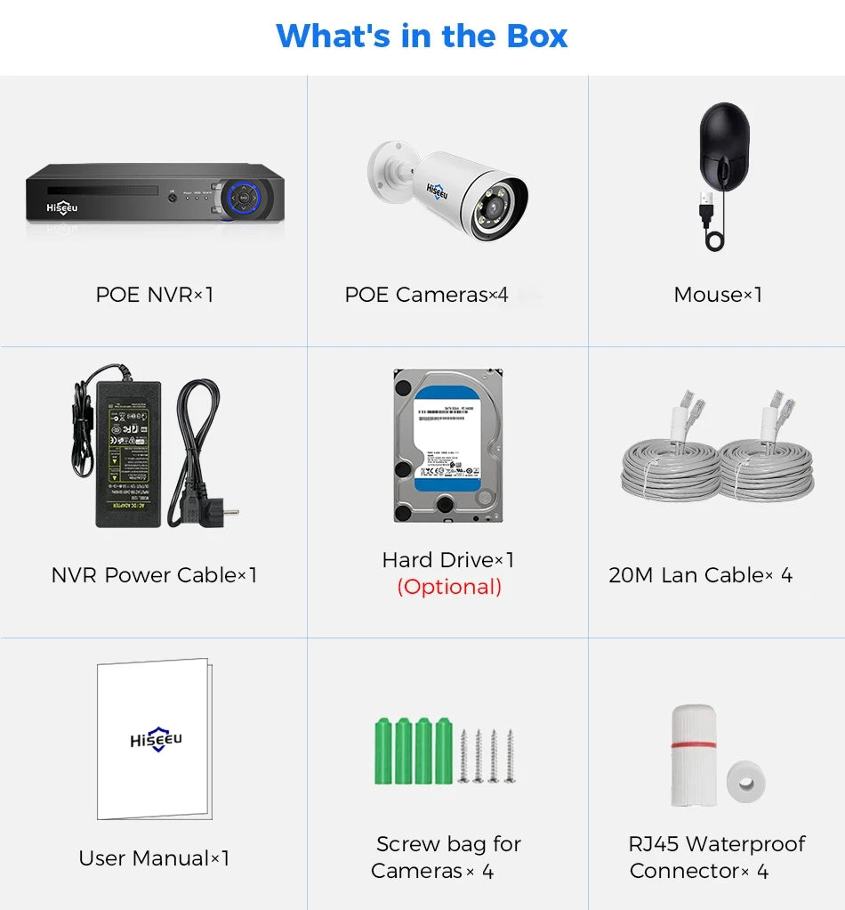 Hiseeu 4K 8MP POE Security IP Camera System Waterproof Full Color AI Face Detection 4CH NVR H.265 Surveillance CCTV Cameras Kit
