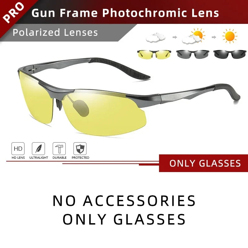 CLLOIO Aluminium Rimless Photochromic Day Night Vision Anti-Glare Glasses Men Polarized Driving Sunglasses Travel Fishing Goggle