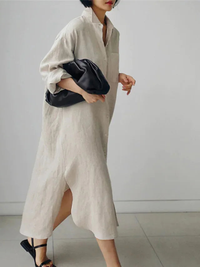 Elegant Women Shirts Dress Spring Fashion V-neck Long Sleeve Cotton Linen Maxi Dresses Ladies Casual Holiday Vestidos 2024 Robes