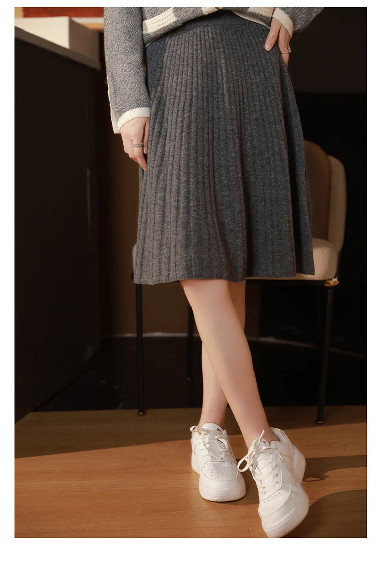 Fustă elegantă pentru femei, 100% lână, tricotată, modă coreeană, solidă, casual, linie A, plisată, scurtă, primăvară șic, talie înaltă, fustă