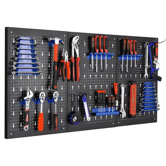 Organizator de perete cu placă perforată metalică 117x55cm, kit cu 17 cârlige, cutii de depozitare pentru garaj, organizator de scule cu panou, control de perete cu placă perforată