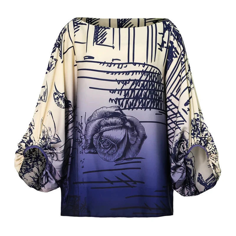 Costum elegant pentru femei, două piese, cu cămașă cu mânecă lungă și nasturi, și pantaloni largi, la modă, model imprimat, set de birou