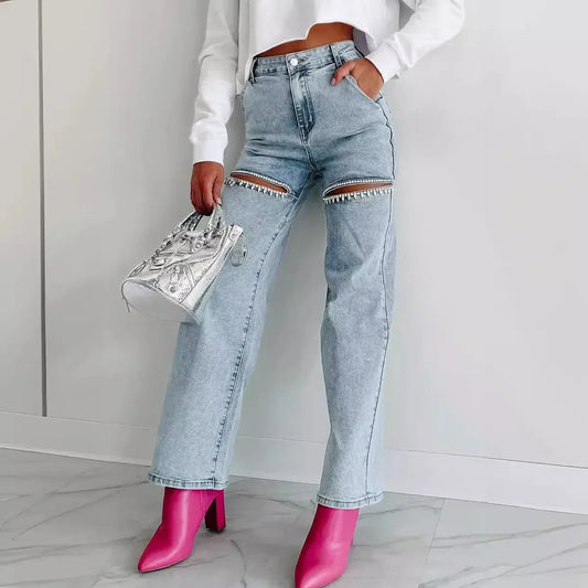 Damen-Jeans 2025: Washed-Chain Ripped-Style - Wide-Leg Casual Collection - Golden Bridge Store
