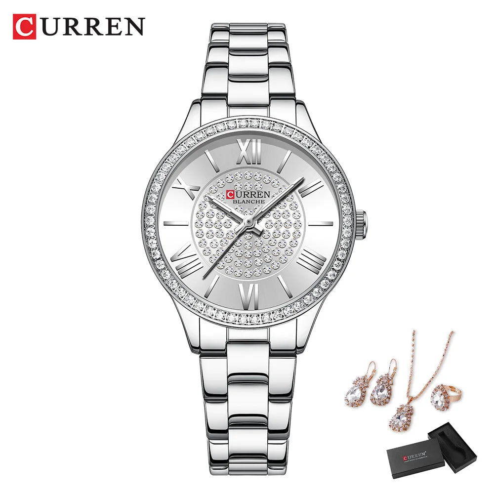 CURREN Luxus Uhr Damen Ring Halskette Ohrringe - Strass Mode Armbanduhr Weiblich Casual Damen Uhren Armband 5-teiliges Set