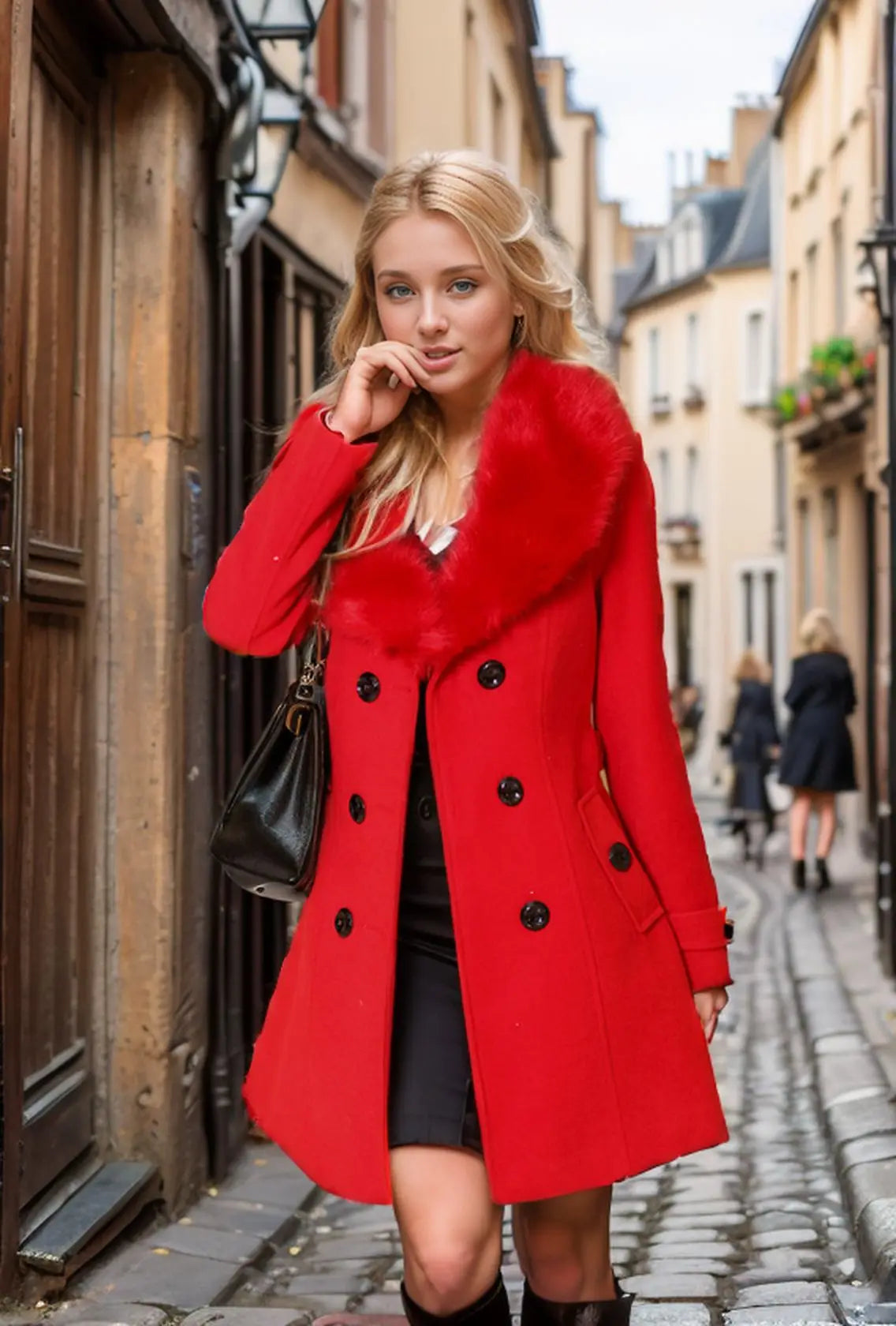 Eleganter Damenmantel aus Tweed mit Pelzkragen, lang und warm, am Model präsentiert