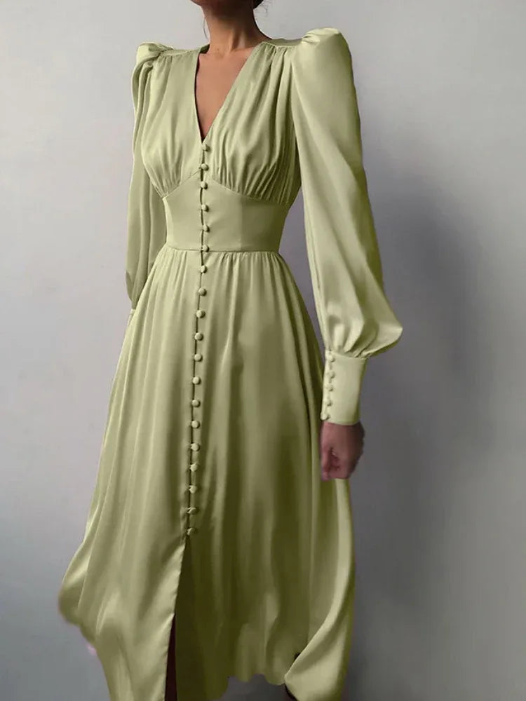 Elegante Mode Einreihig High Waist Satin Kleid - Midi Gr M - Golden Bridge Store