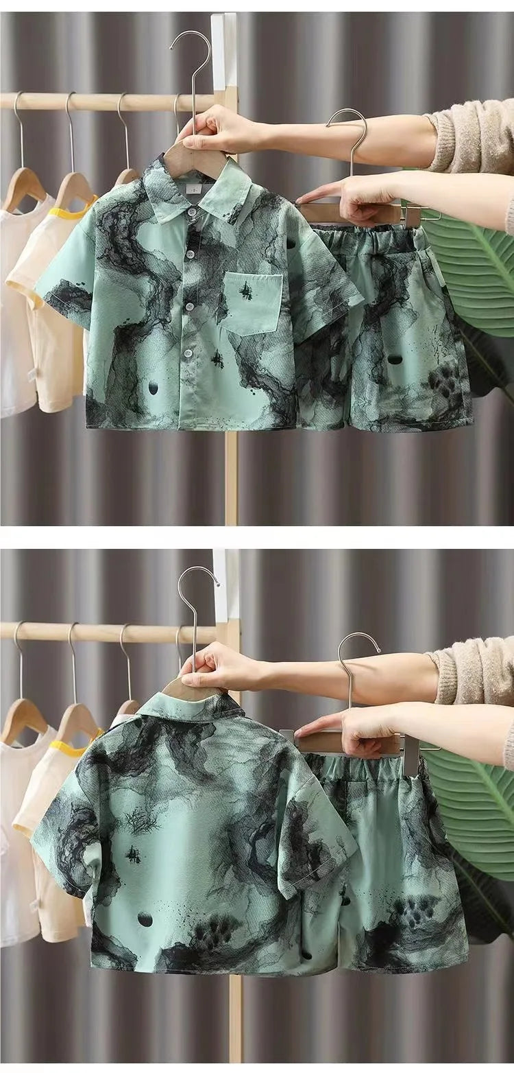 New 2024 Summer Kids Clothes Sets Baby Boys Short Sleeve Lapel Tie-dye Print Shirt Top with Shorts Children Casual Clothing