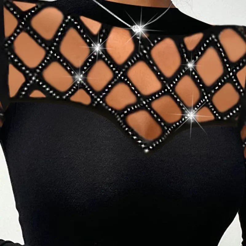 Tops Women elegant Top Elegant T-Shirts Hollow Out Round Neck Full Sleeve Sheath Slim Fit Tees Streetwear Y2k Hot Drilling Summer