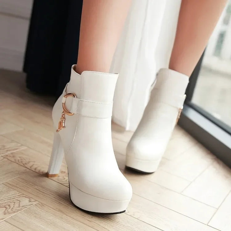 Elegant Short Boots Women Shoes Autumn Winter Women's Ankle Boot Platform Sweet Black White Pink Heeled Party Shoes Ladies