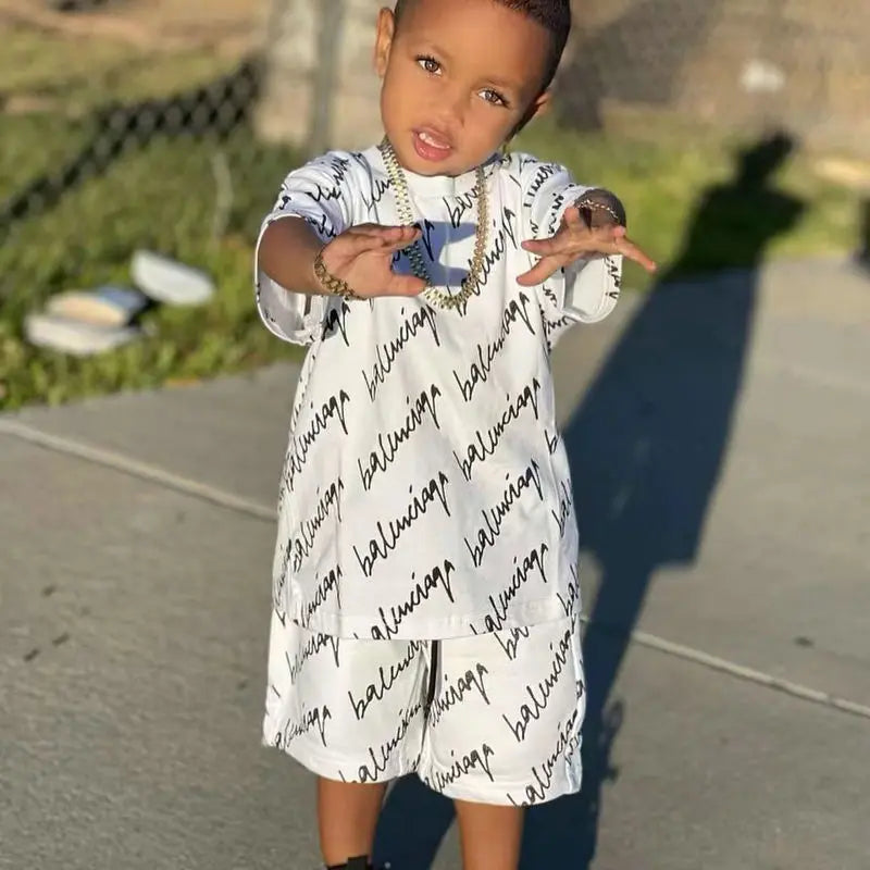 cutyome 1-6Years Baby Boy Clothes Summer Short Sleeve T-shirt Shorts Pants 2pcs/sets Toddler Kids Boys Casual Clothing Suits Loose 2023, weißes gemustertes Set an Kleinkind