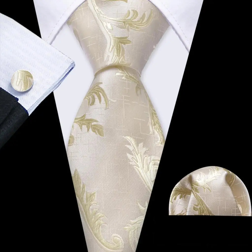 Fashion Silk Men Tie Set Gold Yellow Orange Solid Paisley Striped Plaid Floral Necktie Pocket Square Cufflinks Wedding Business