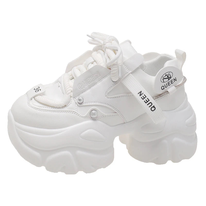 White Chunky Sneakers Women New Autumn Hidden Heel Platform Sports Dad Shoes Woman Lace Up Breathable Mesh Casual Shoes 9.5CM