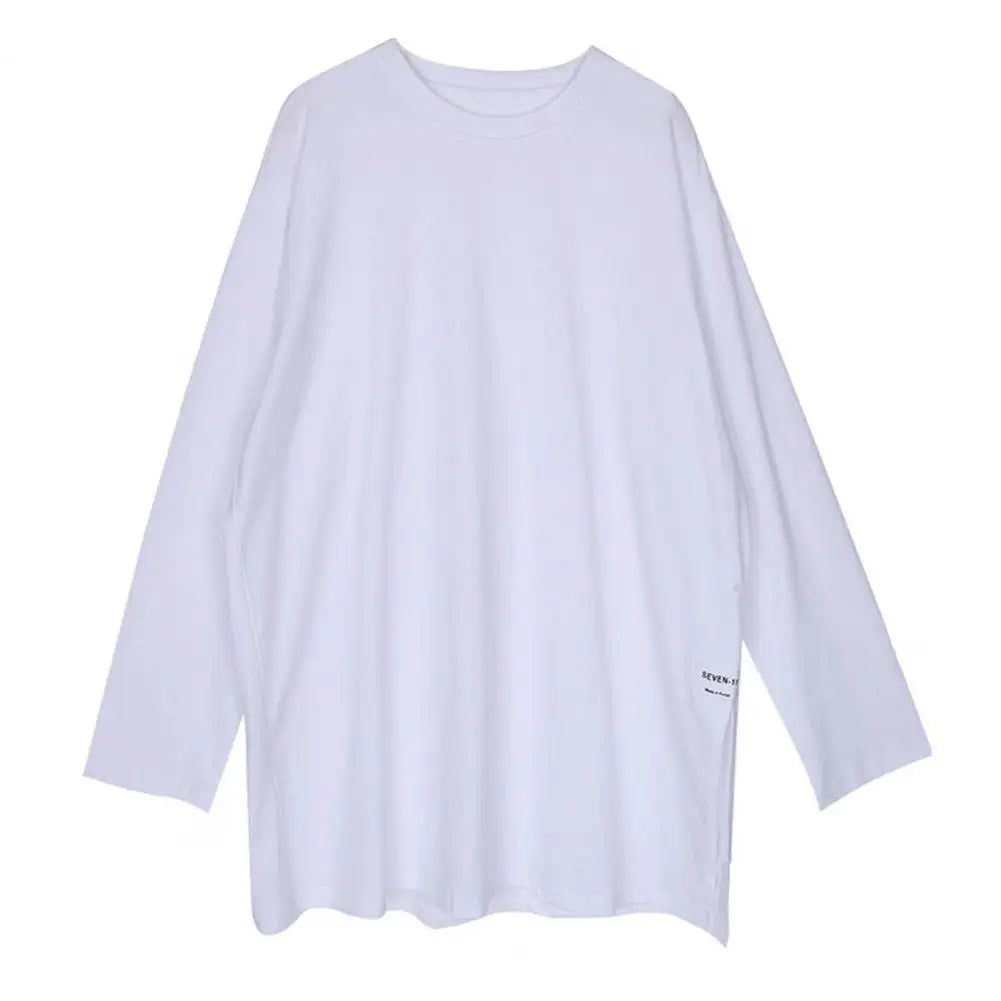 White Women T-shirt Round Neck Loose Long Sleeve Two Side Split Tee Shirt Pullover Spring Autumn Casual Loose t shirt Oversize
