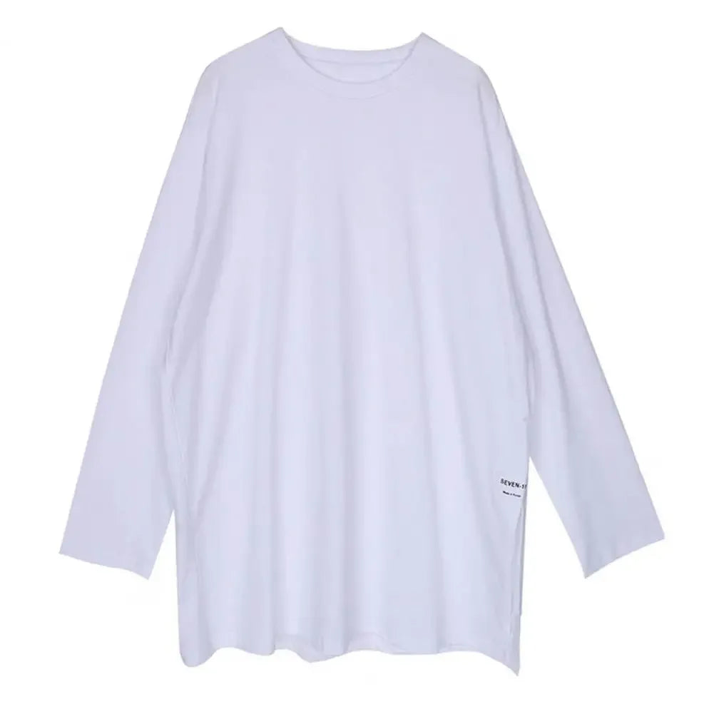 White Women T-shirt Round Neck Loose Long Sleeve Two Side Split Tee Shirt Pullover Spring Autumn Casual Loose t shirt Oversize - Golden Bridge Store