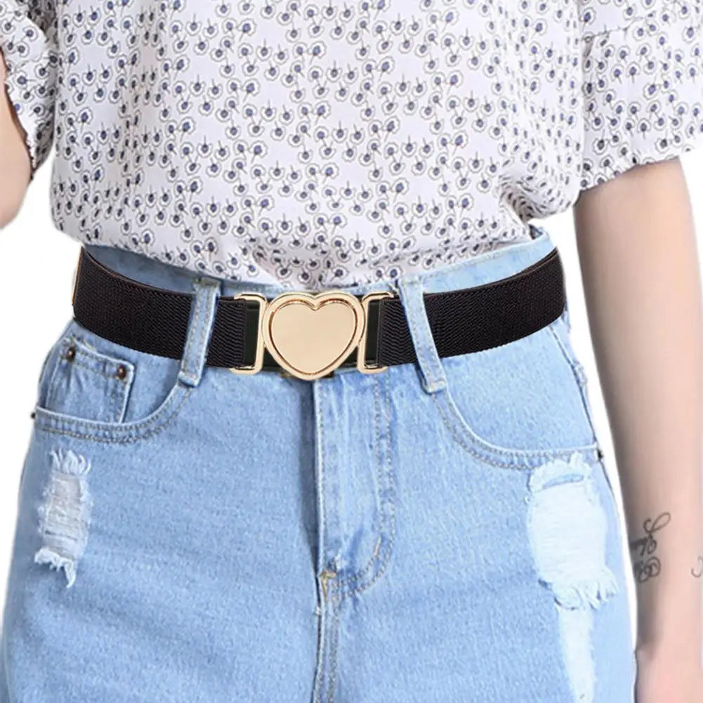 Unisex Belt Contrast Color Banded Metallic Heart Buckle Waistband Adjustable Elastic Band Girl Waist Strap Elastic Waist Band
