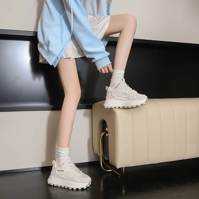 Women‘s Trendy Color-blocked Brand Design Thick-soled Sneakers 2024 Spring and autumn New  Lace-up Mesh Breathable Tennis Shoes