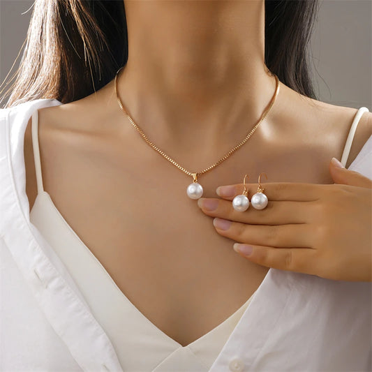 Fashion Elegant Imitation Pearl Pendant Jewelry Set for Women Vintage Gold Color Chain Necklace Earring Girl Wedding Party Gifts