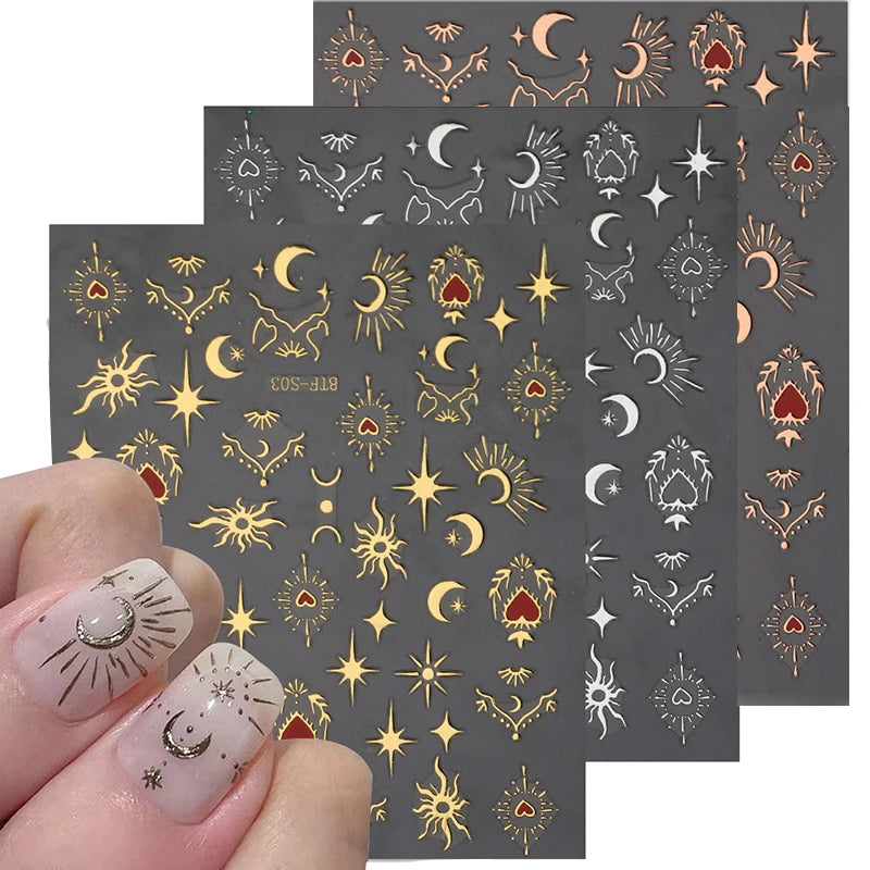 Mix 3 Sheets 3D Stickers for Nails Gold Sliver Rose Gold Laser Butterfly Moon Sun Adhesive Sliders DIY Nail Art Accessories