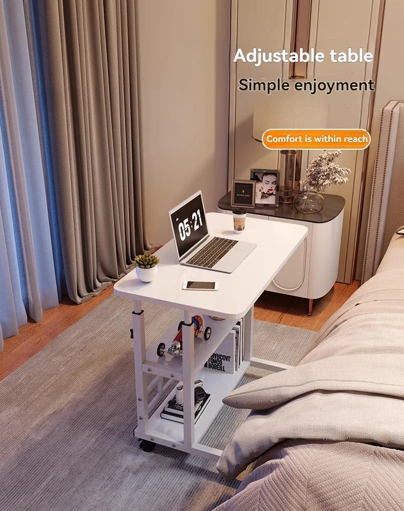 Three-layer Multifunctional Folding Desk with Wheels, Adjustable Height and Storage Shelves,Suitable for Bedroom, Outdoor Office