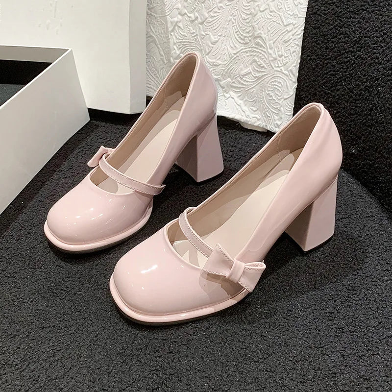 Elegant Heel Shoes Ladies 8cm High Heel Bowknot Solid Mary Jane Zapatos Adult Dress Pink White Black Cosplay Footwear