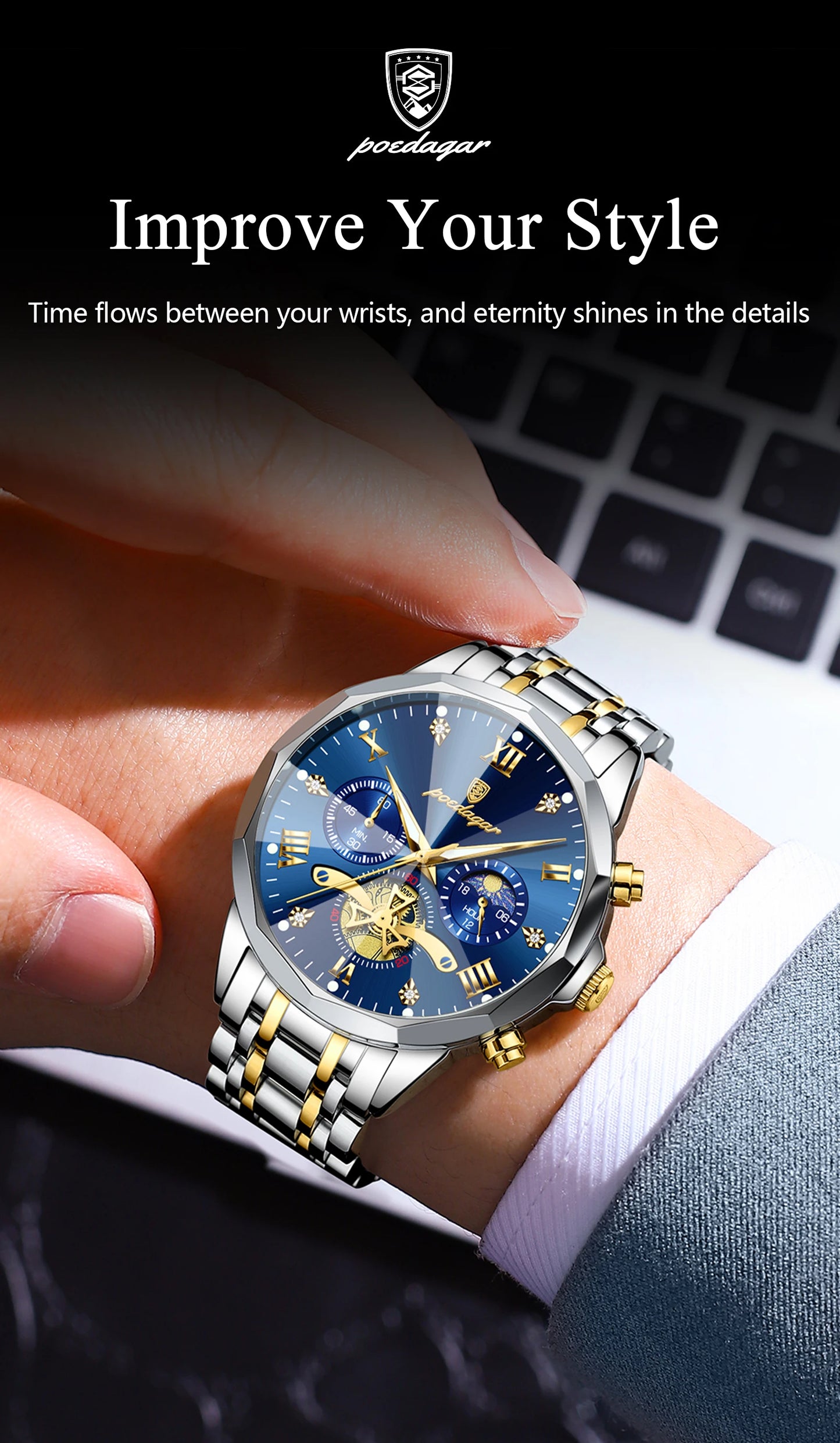 POEDAGAR Luxus Chronograph - Kapazität Batterie QUARTZ 13mm