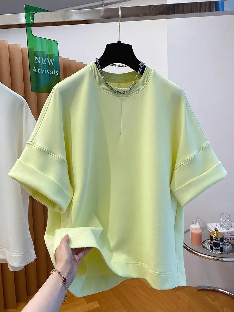 Women T-shirt 2025 Summer New Solid Color Short-sleeved T-shirt Female Loose Casual Round Neck T Shirt - Golden Bridge Store