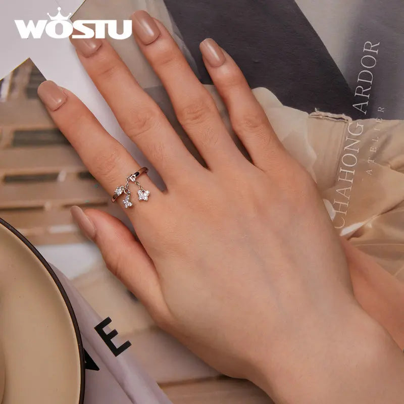 WOSTU 925 Sterling Silver Butterfly Link Open Rings For Women Delicate Shiny Zircon Adjustable Ring Fine Party Jewelry Gift
