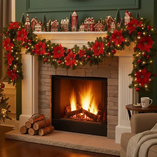 Weihnachts-LED-Rattan-Girlande, 270 cm künstlicher Kranz mit Lichtern für Weihnachtsbaum, Haustür, Kamin, Treppen, Zuhause, Party-Dekoration