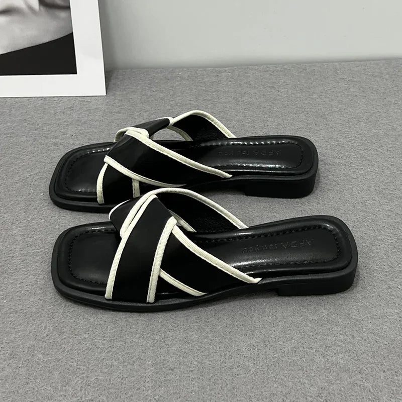 House Slides Home Low Heel Sandals Shoes for Women Black on Beach Open Toe Indoor Outside Word Flat Woman Slippers Vip W F Offer - Golden Bridge Store