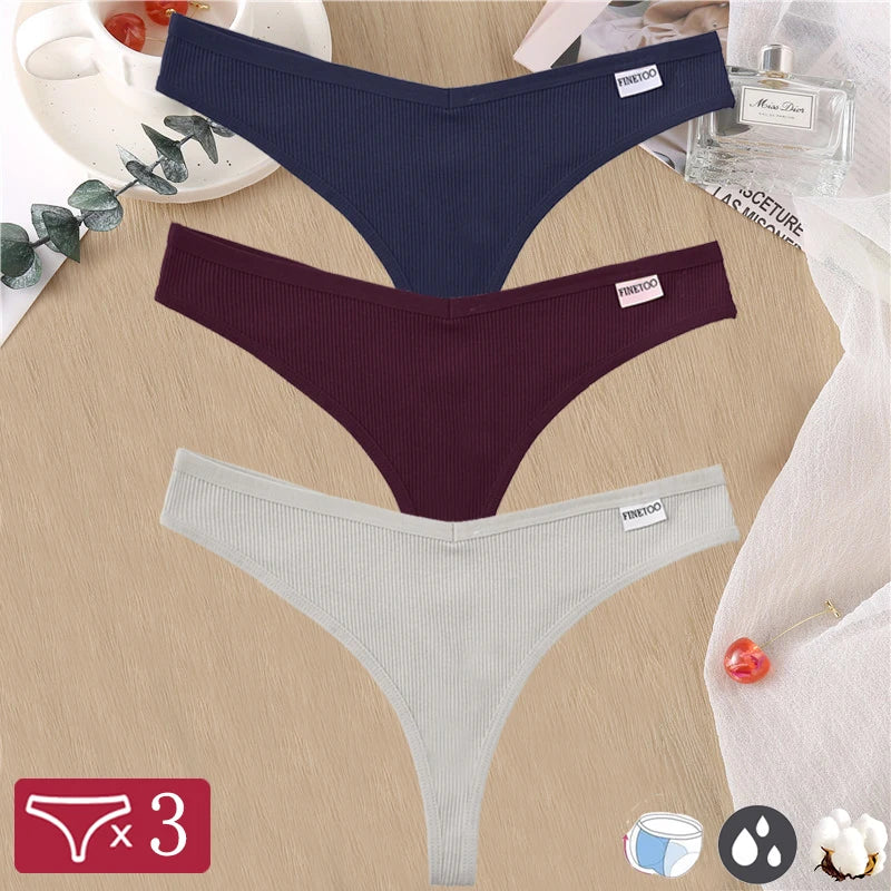 finetoo Damen Strings 2025 - 3er-Set Baumwoll-Strings V-Bund einfarbig & atmungsaktiv