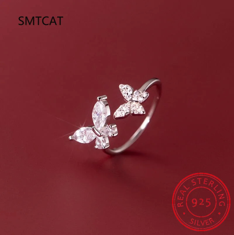 Real 925 Sterling Silver Fashion Sweet Insect Butterfly Adjustable Ring For Women Wedding Party Jewelry Gift DG0182